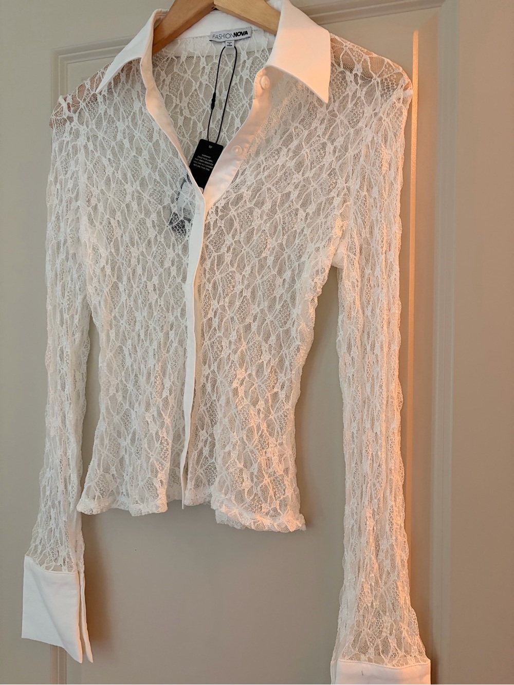 Fashion Nova Ivory Lace Button-Up Shirt with Contrast Collar